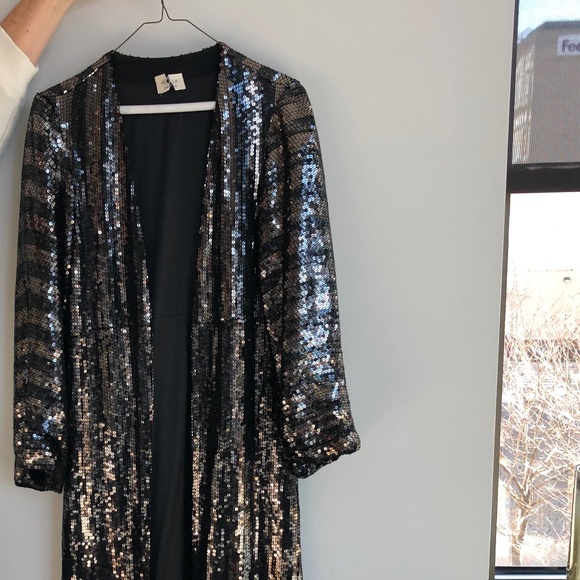 Designer Sequin Open Front Long Cardigan Coat Sheer Jacket for Party - Picture 1 of 7